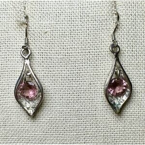 Sterling Silver Dangle Earrings with Dangling Pink Glass Stones 925
